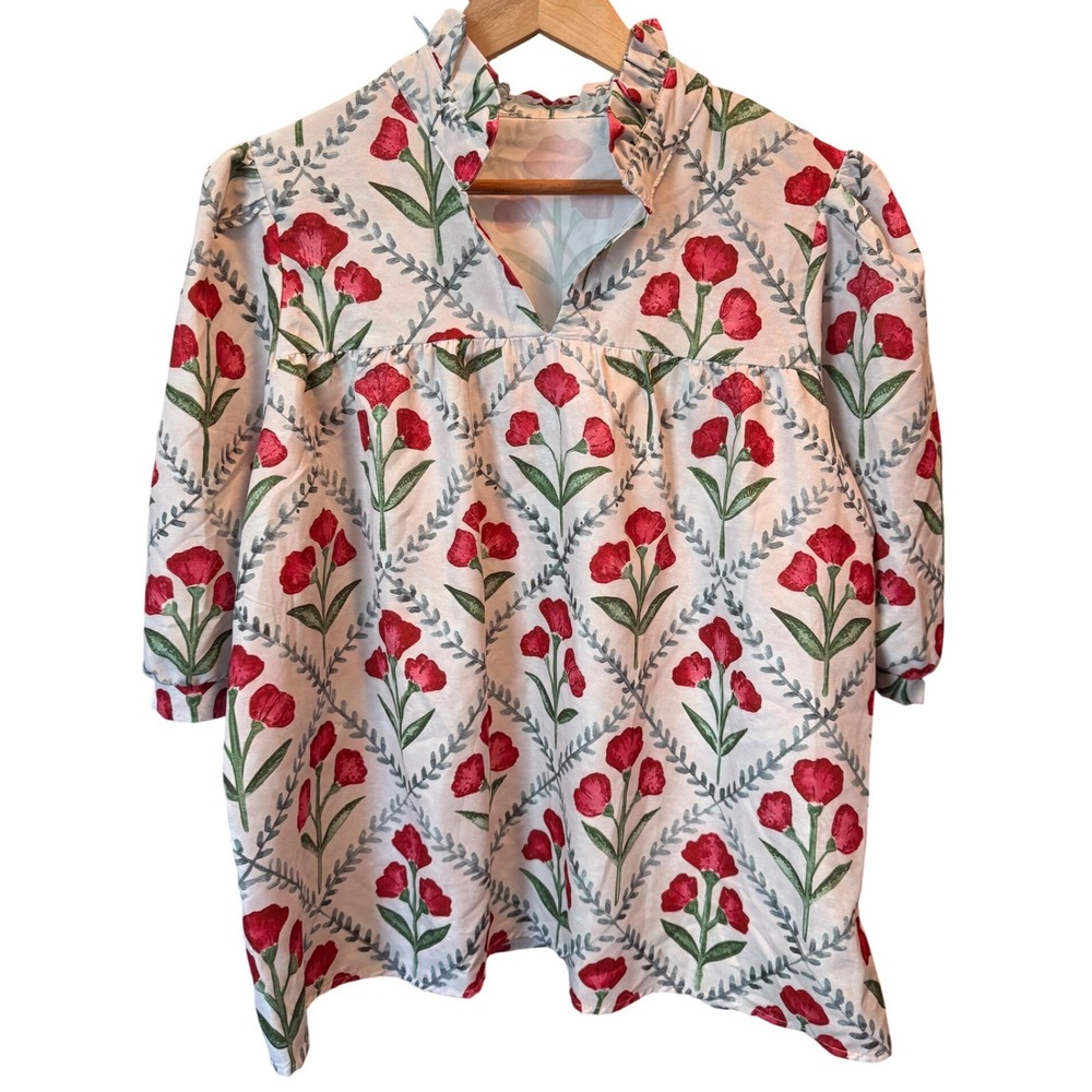 Unbranded Red Floral Ruffle High Neck Puff Sleeve Babydoll Blouse White XL